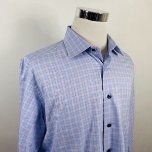 David Donahue 18 34/35 Trim Fit Dress Shirt Blue Pink White Plaid 100% Cotton